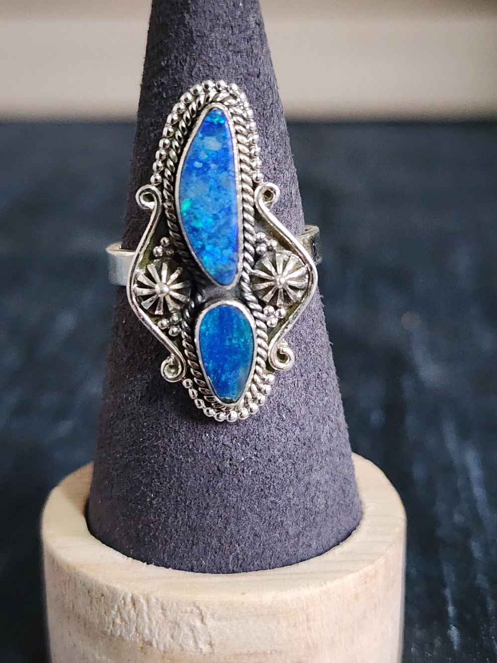 Sterling Silver Blue Opal Double Stone Ring - Women's Jewelry Sz 10 Men's